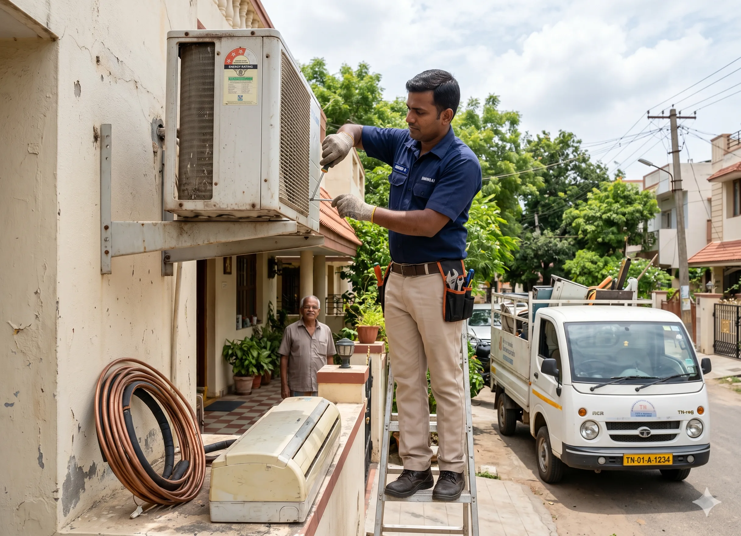 AC scrap buyers in Chennai removing an old split air conditioner outdoor unit