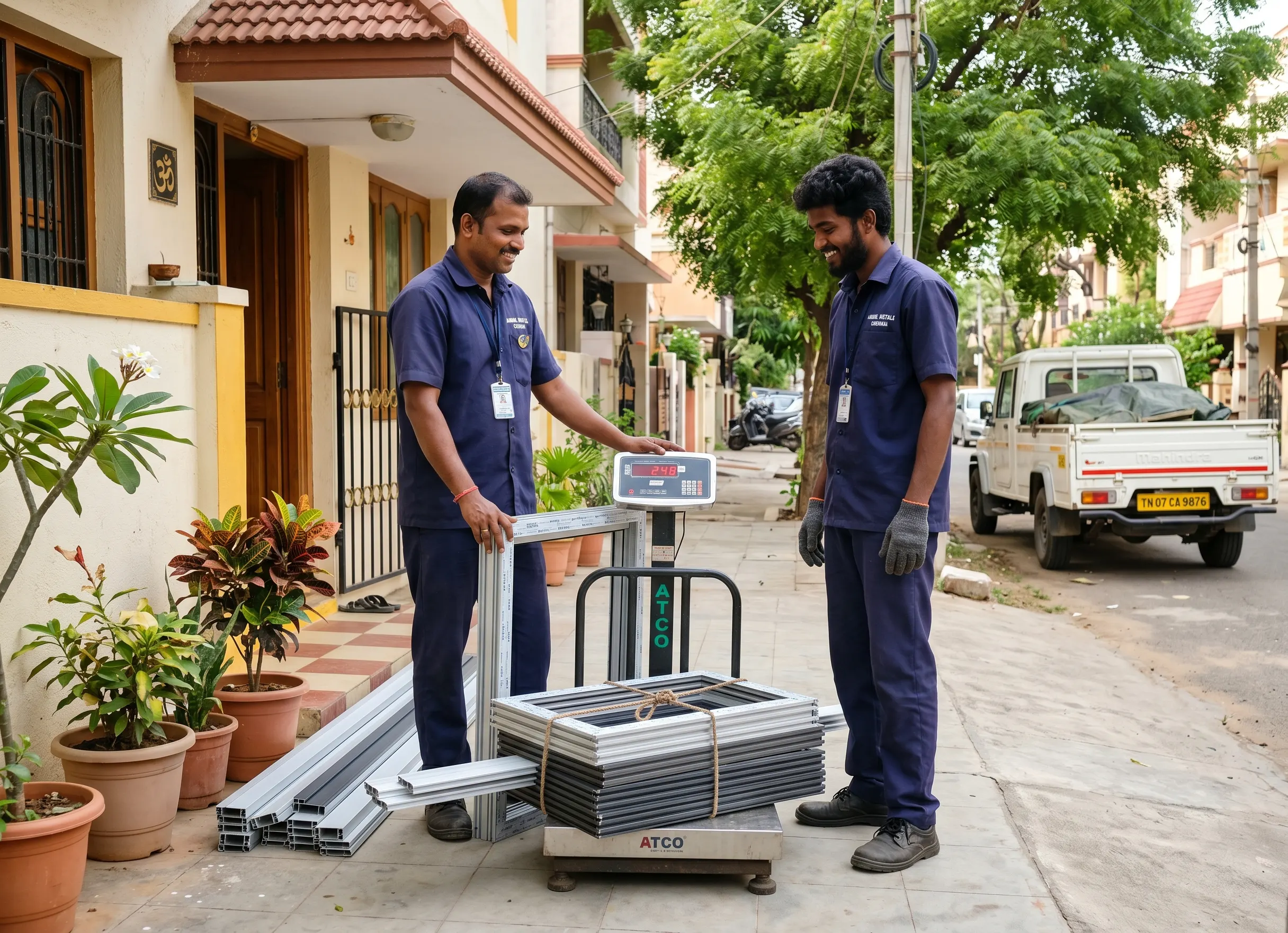 Aluminium scrap buyers in Chennai weighing aluminium sheets at a customer's doorstep