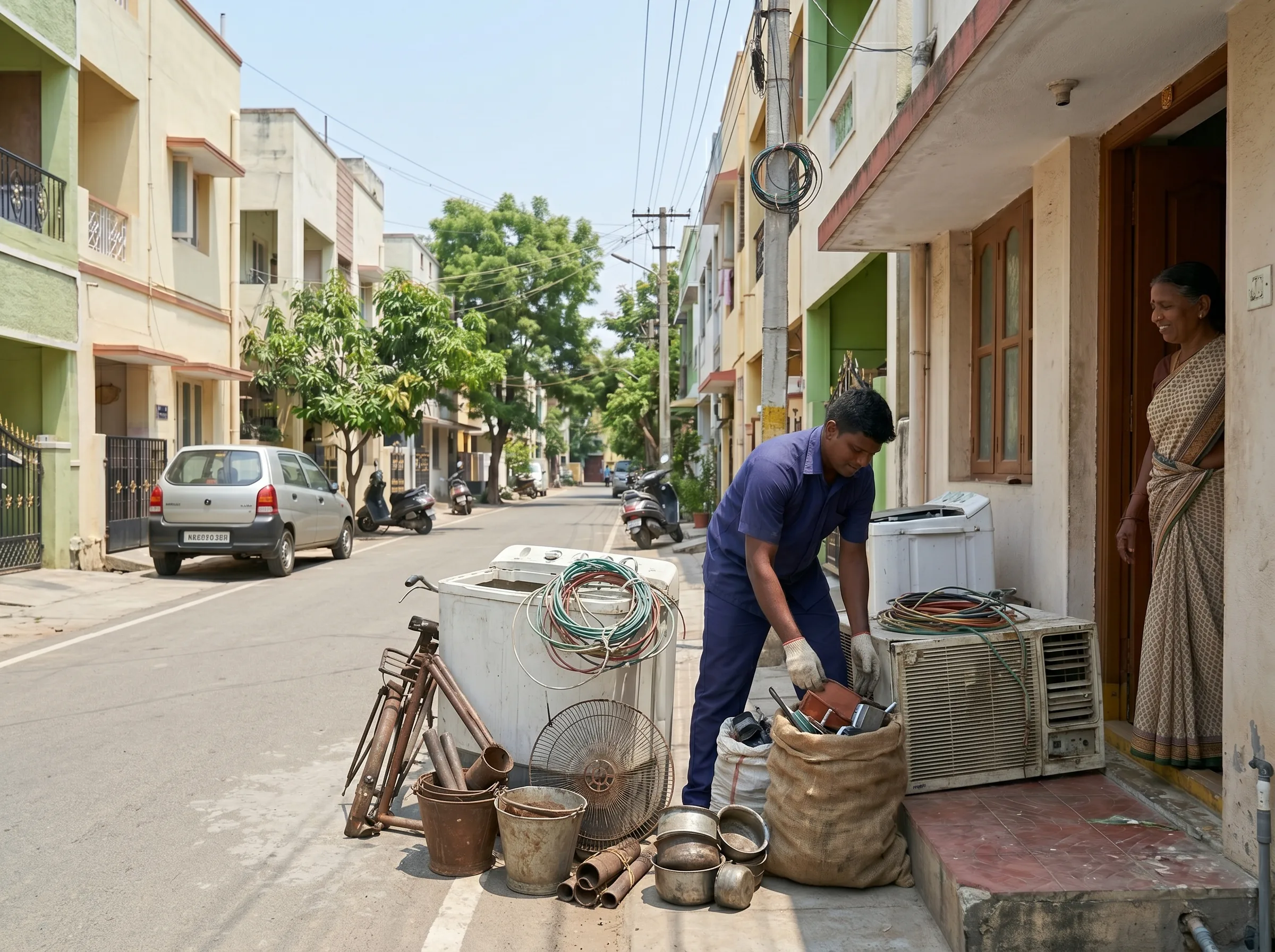 Scrap buyers in Madipakkam Chennai collecting household and apartment scrap at the doorstep