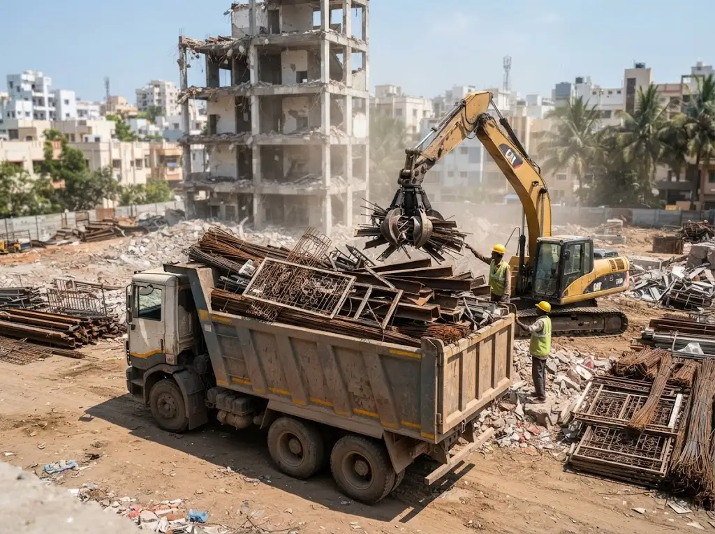 Construction and demolition scrap buyers in Chennai loading bulk site metal for pickup