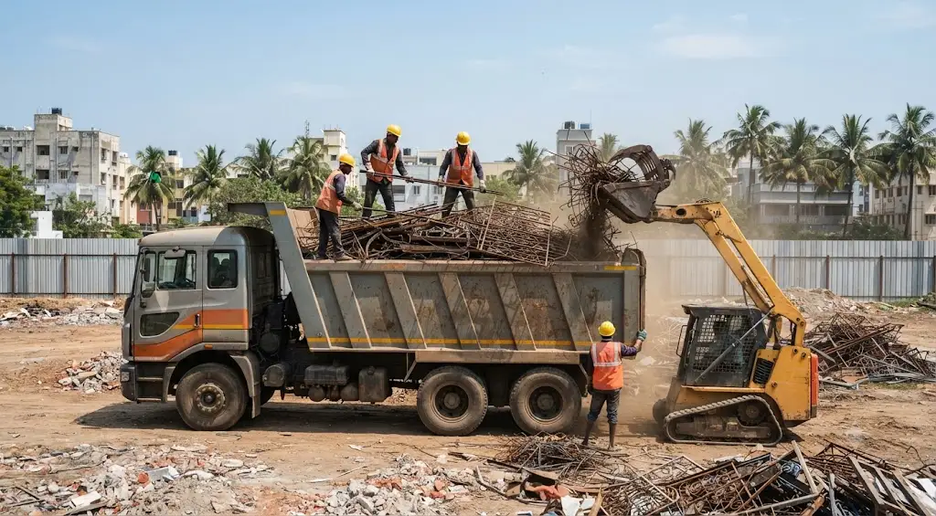 Demolition site scrap pickup in Chennai - bulk steel, rebar and site metal loaded for removal