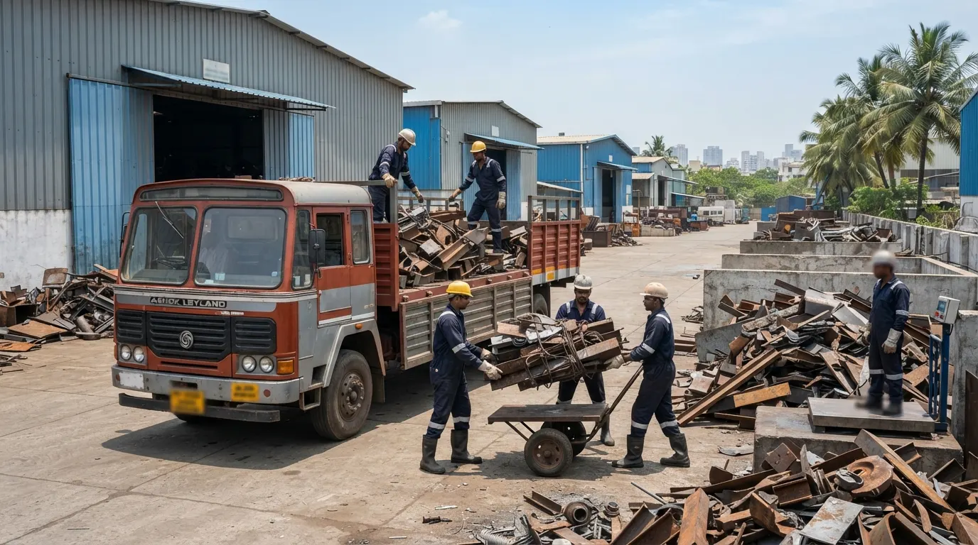 Factory scrap pickup in Chennai - bulk industrial metal loaded onto a truck with labour