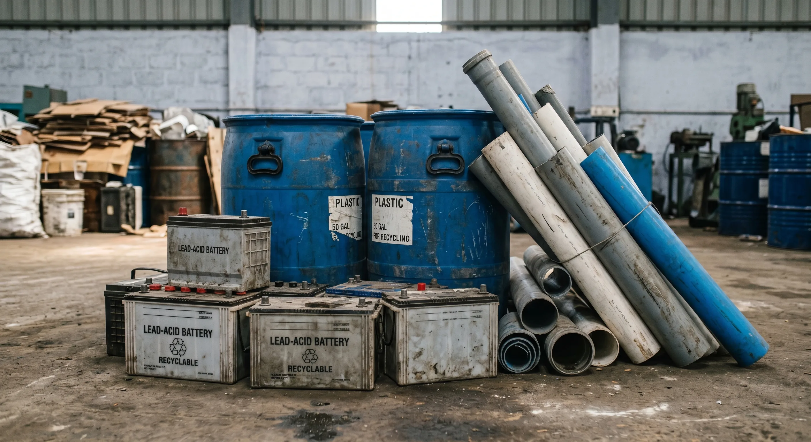 Lead and plastic scrap buyers in Chennai with batteries and plastic drums