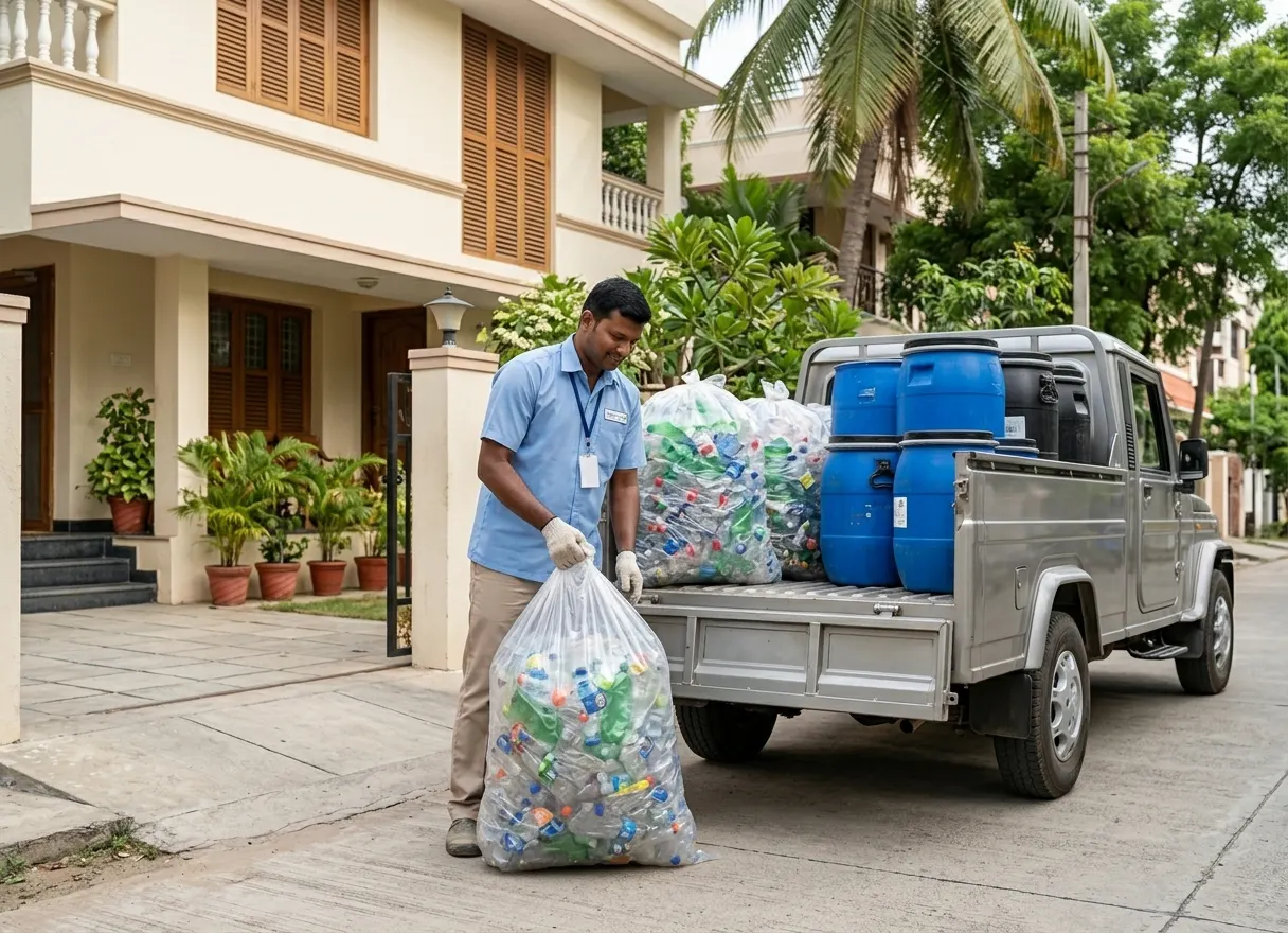 Plastic scrap buyers in Chennai collecting baled PET bottles and HDPE drums for recycling