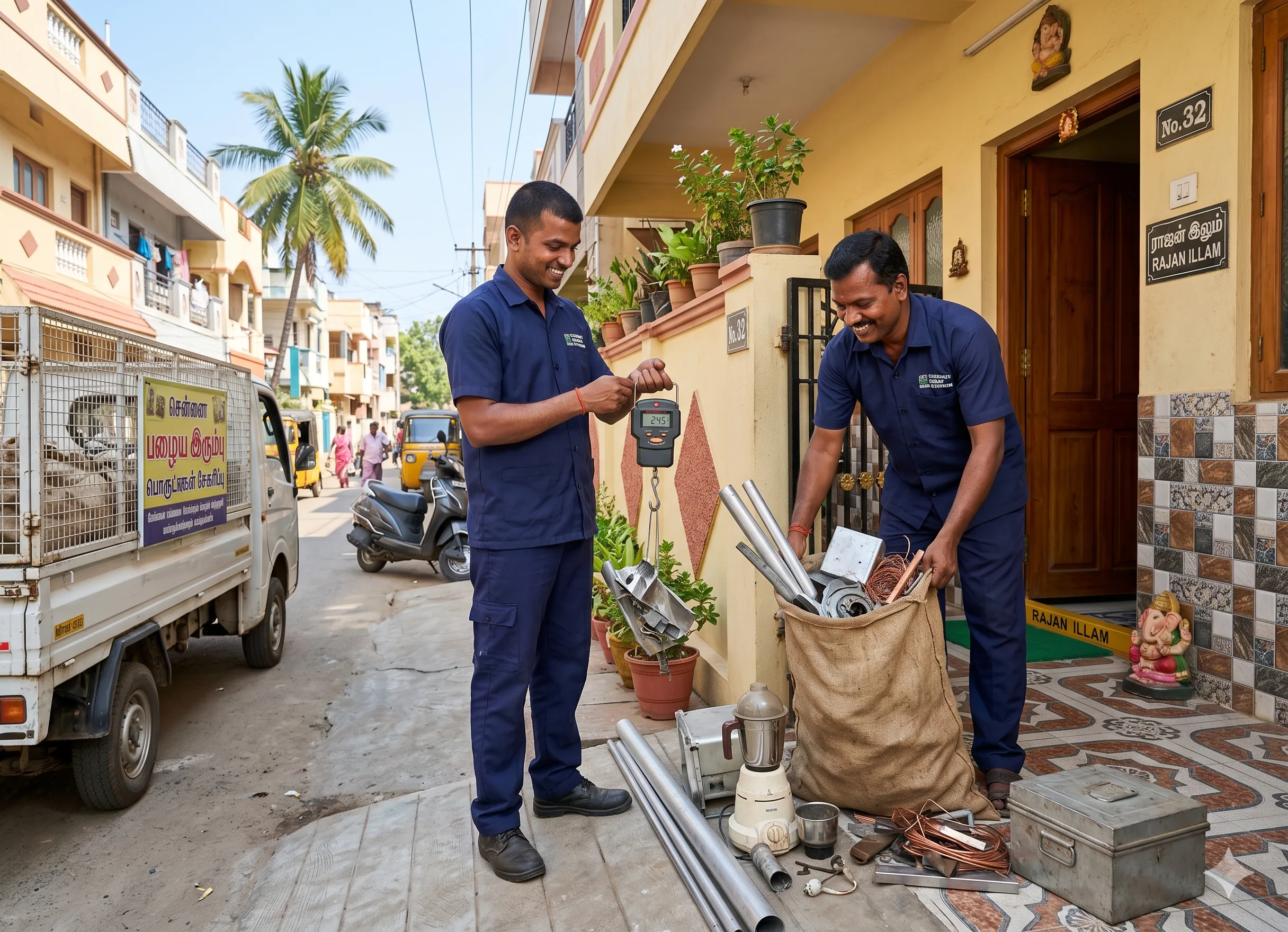 Scrap buyers in Chennai collecting metal scrap at a customer's doorstep