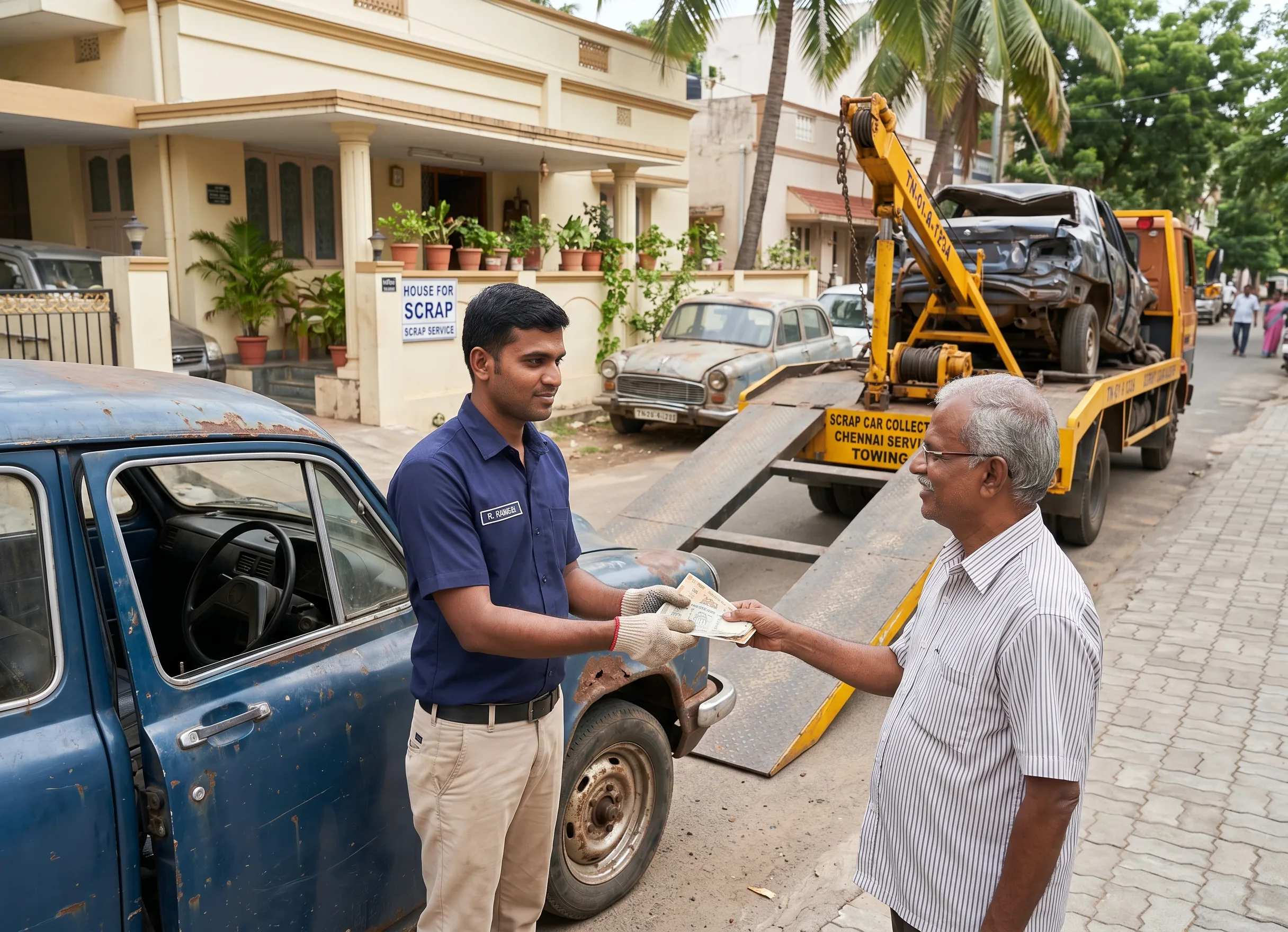 Old vehicle scrap buyers in Chennai towing away an old car for the best price
